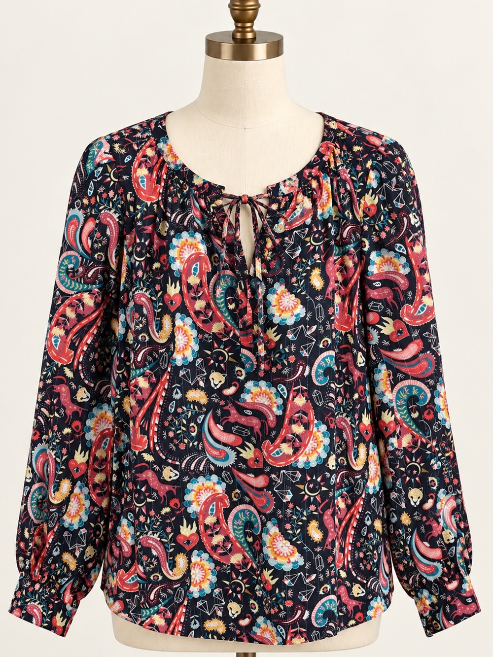 LOFT Navy Paisley Tie-Neck Blouse with Coral & Teal Accents